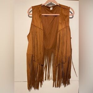 Retro Vintage Hippie Disco Tassel Brown Faux Suede Fringe Vest XXL